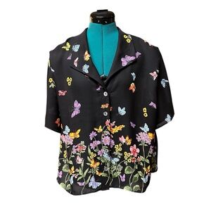 Positive Attitude Black Sheer Cropped Shirt Butterflies Flowers Top Size L/XL